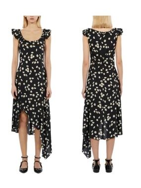 The Kooples NWT Black Asymmetric daisy print  Midi Dress